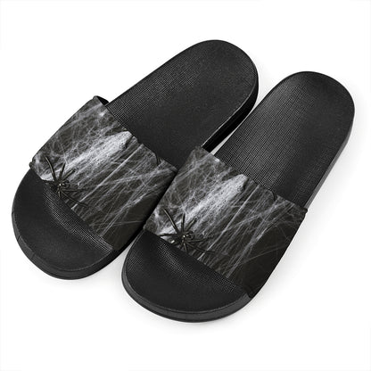 Toy Spiders And Cobweb Print Black Slide Sandals
