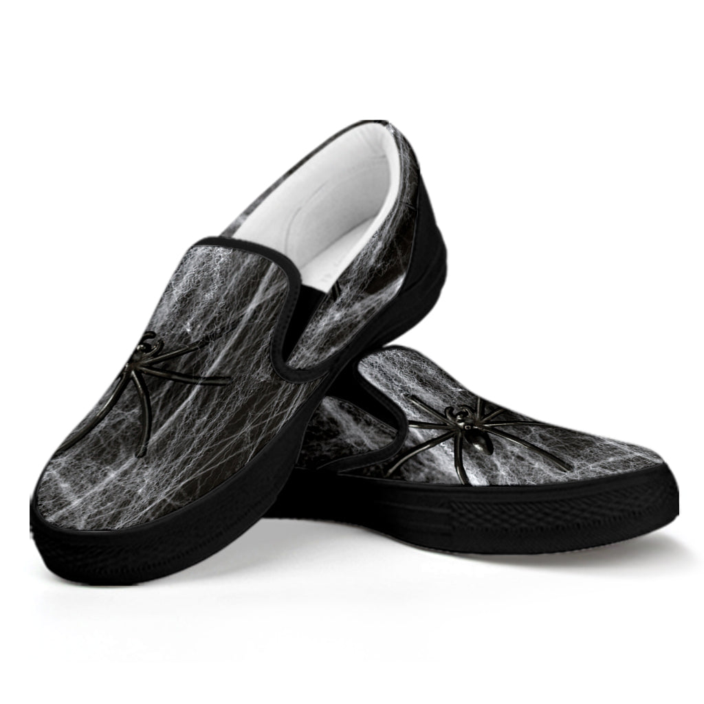 Toy Spiders And Cobweb Print Black Slip On Shoes