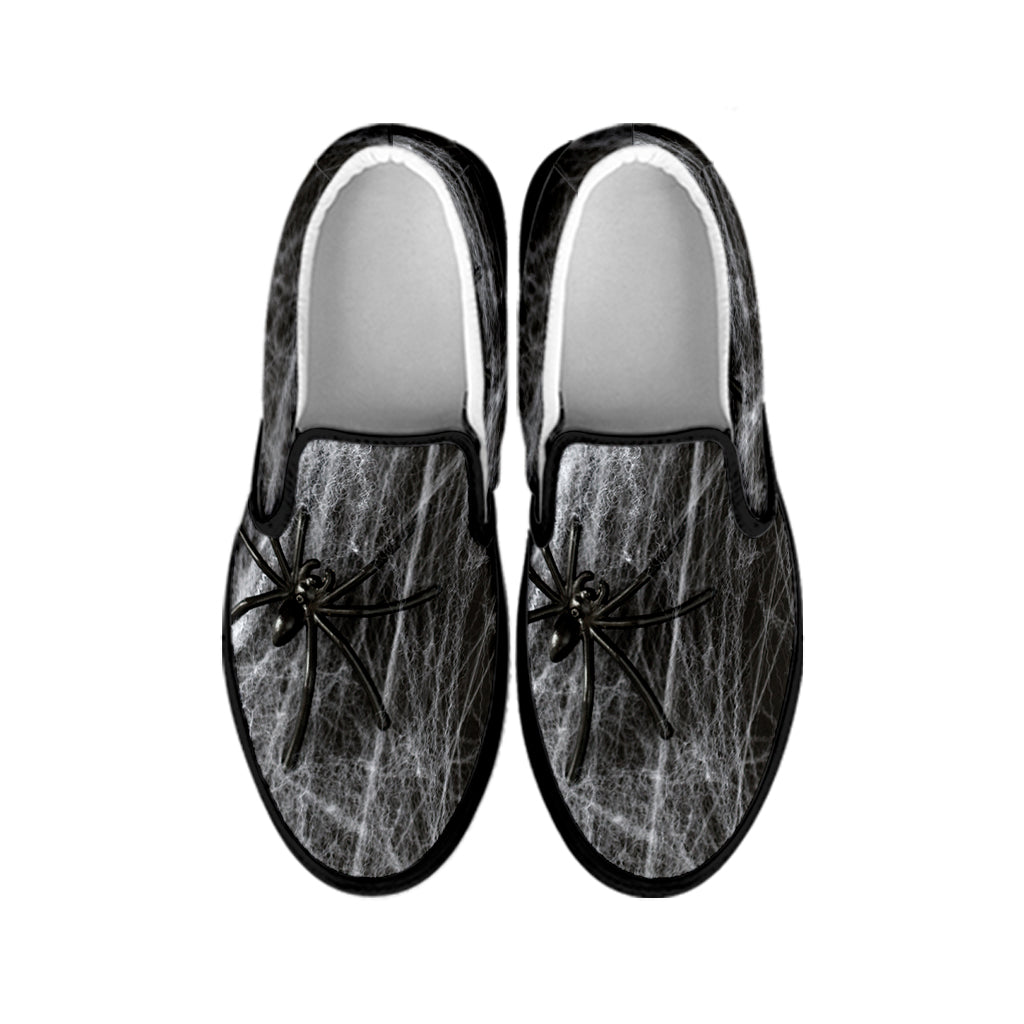 Toy Spiders And Cobweb Print Black Slip On Shoes