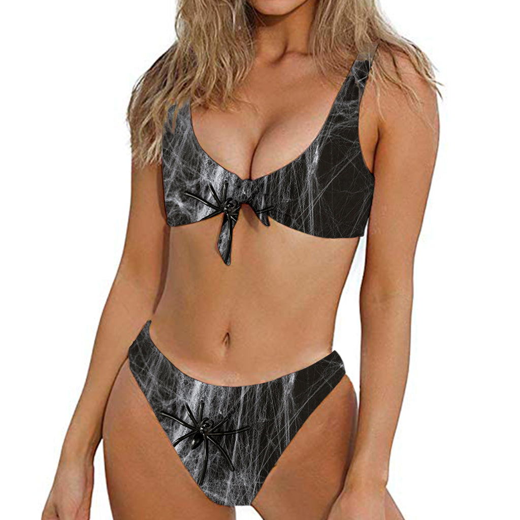 Toy Spiders And Cobweb Print Front Bow Tie Bikini