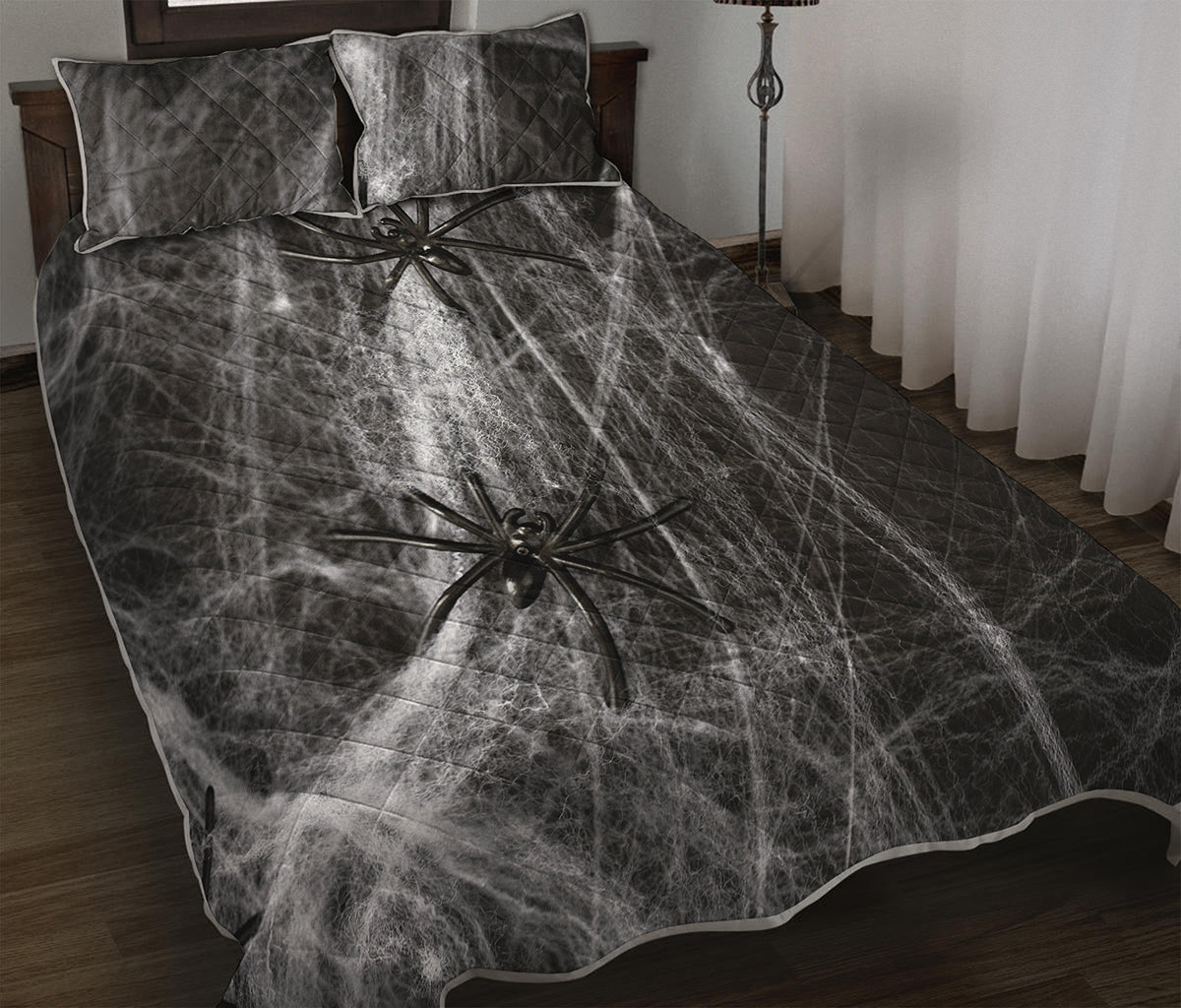 Toy Spiders And Cobweb Print Quilt Bed Set