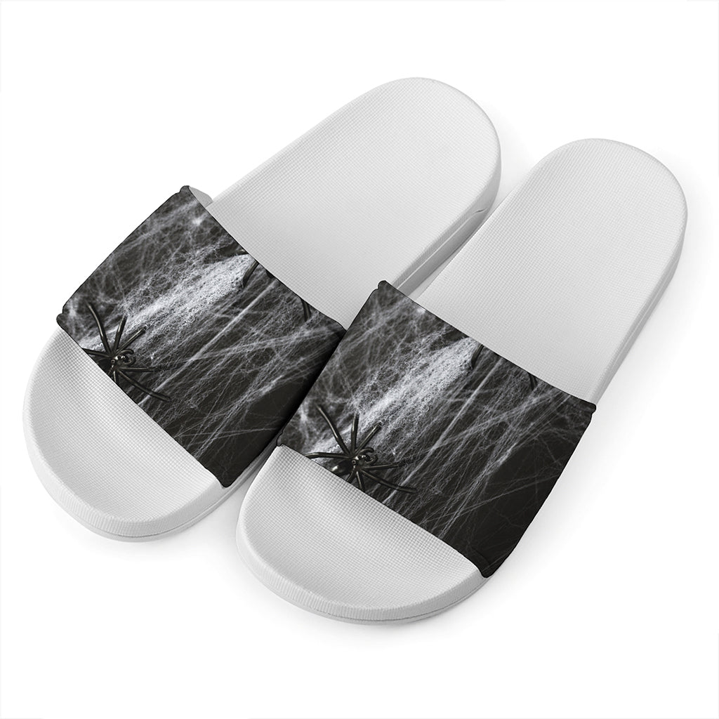 Toy Spiders And Cobweb Print White Slide Sandals