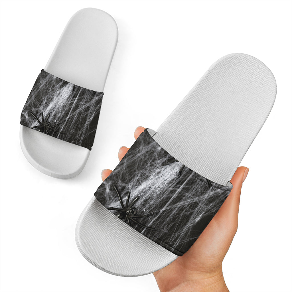 Toy Spiders And Cobweb Print White Slide Sandals