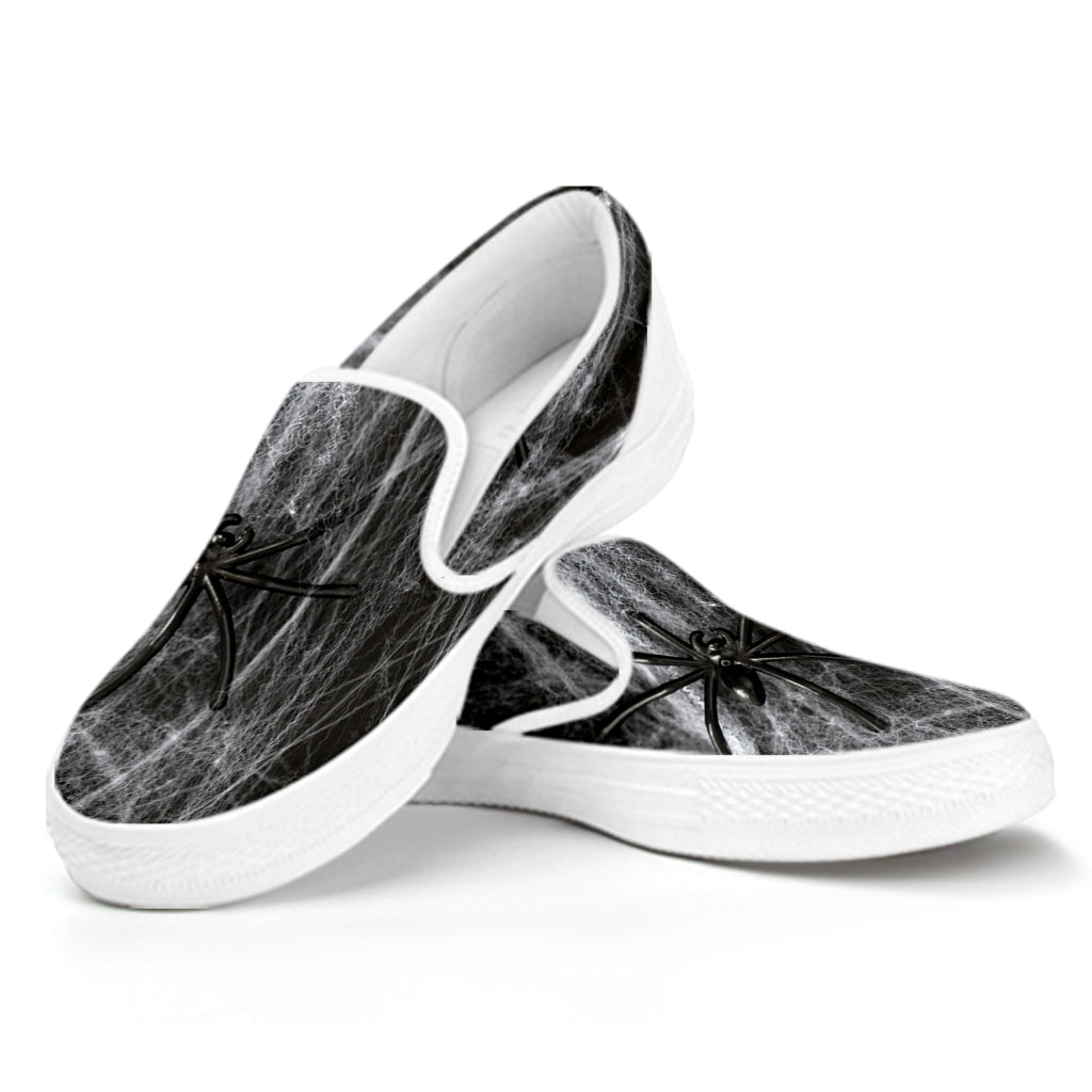 Toy Spiders And Cobweb Print White Slip On Shoes