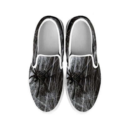 Toy Spiders And Cobweb Print White Slip On Shoes