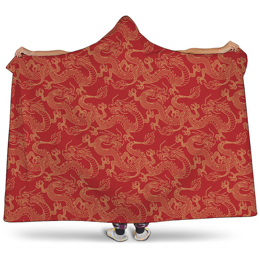 Traditional Chinese Dragon Pattern Print Hooded Blanket