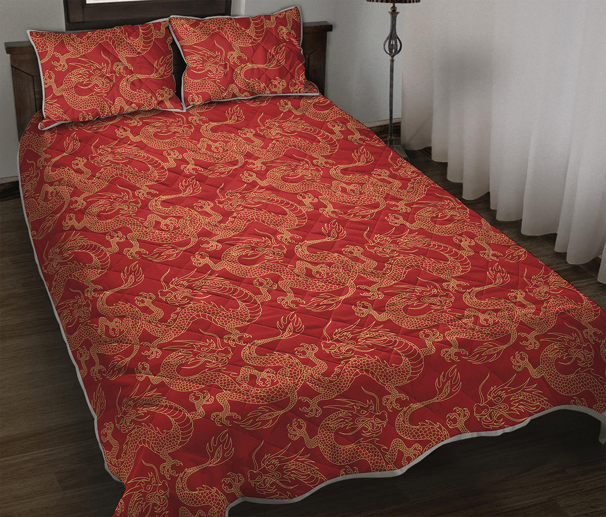 Traditional Chinese Dragon Pattern Print Quilt Bed Set