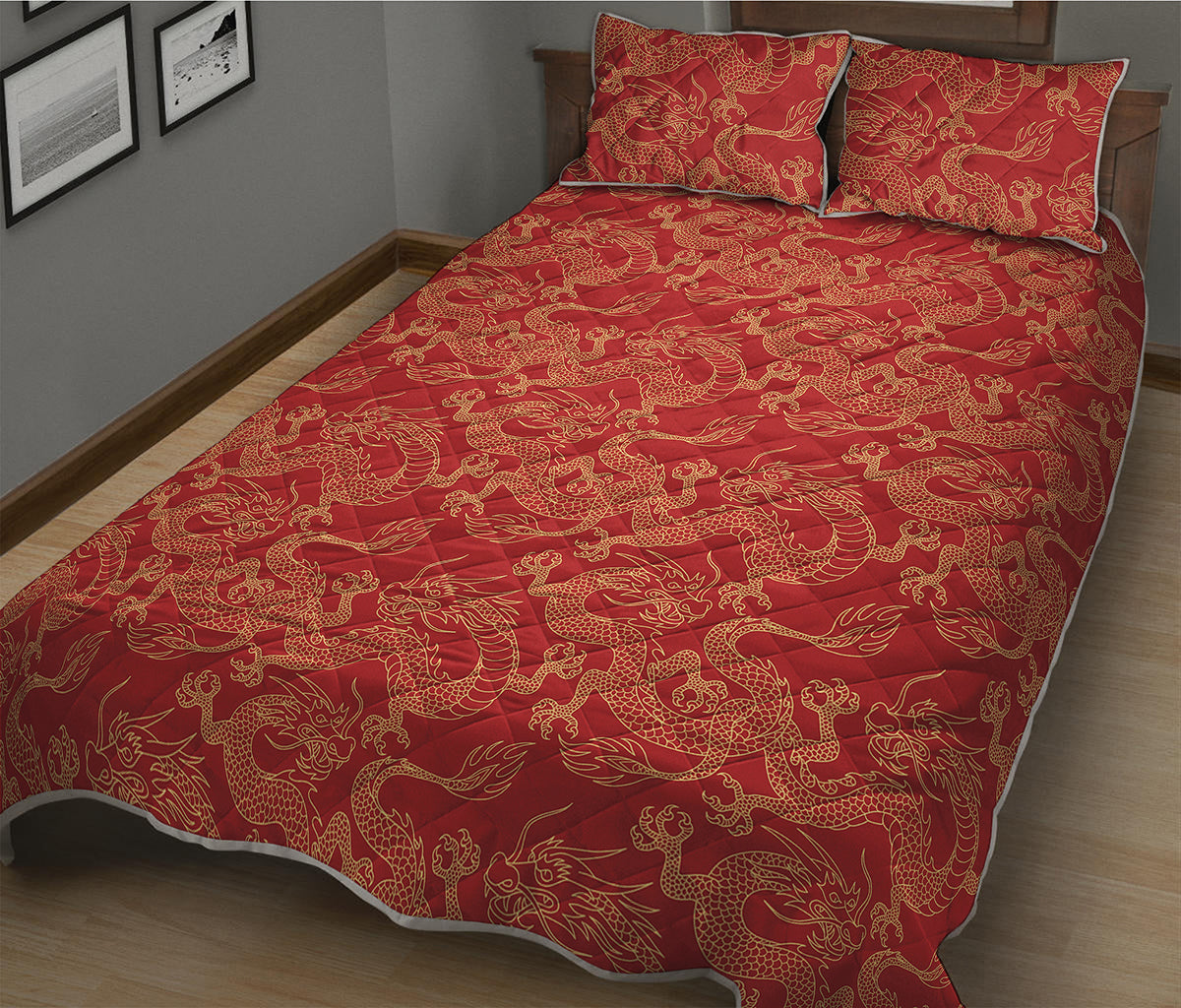 Traditional Chinese Dragon Pattern Print Quilt Bed Set