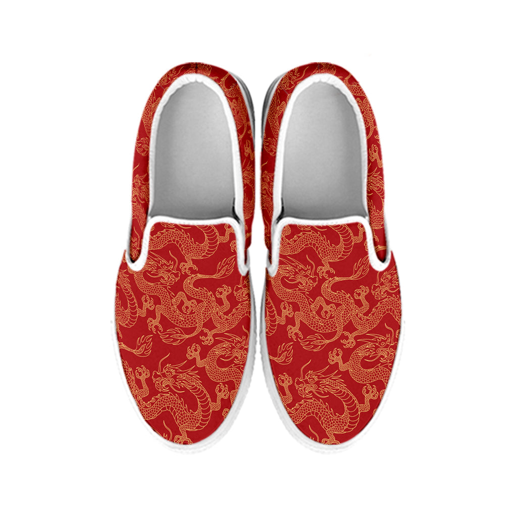 Traditional Chinese Dragon Pattern Print White Slip On Shoes