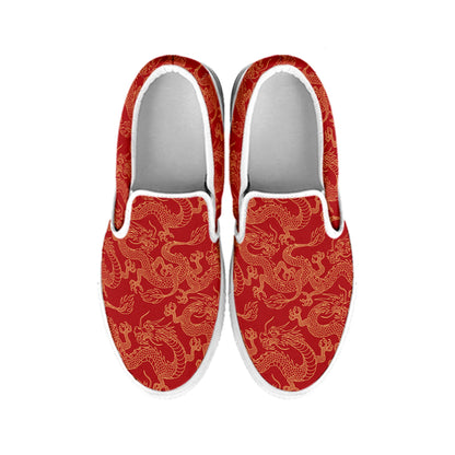 Traditional Chinese Dragon Pattern Print White Slip On Shoes
