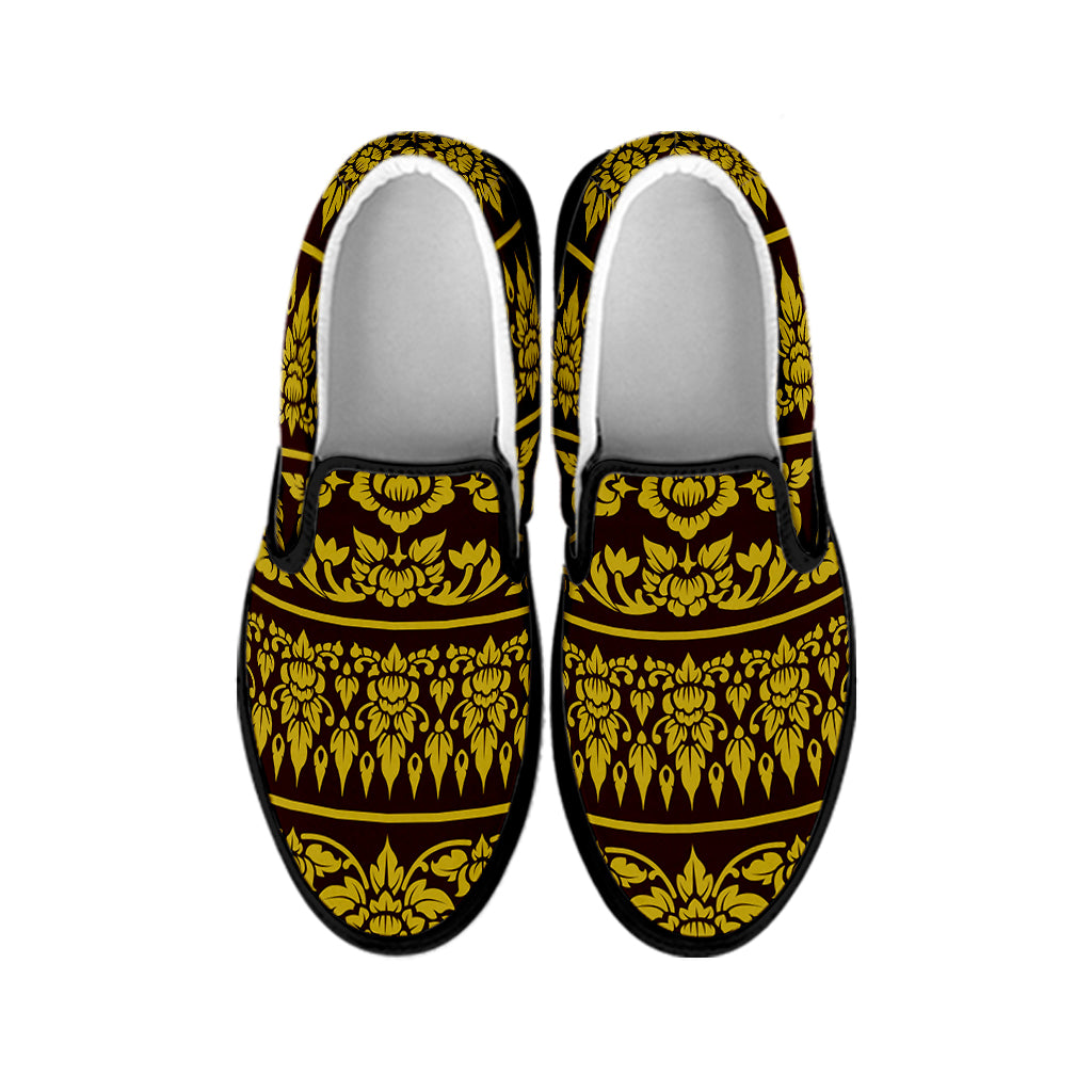 Traditional Thai Flower Pattern Print Black Slip On Shoes