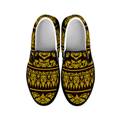 Traditional Thai Flower Pattern Print Black Slip On Shoes