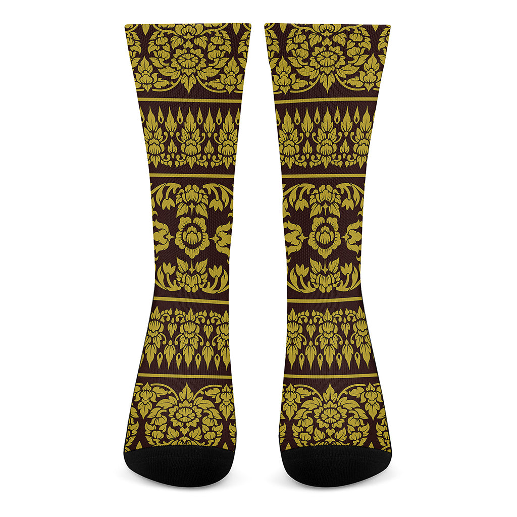 Traditional Thai Flower Pattern Print Crew Socks