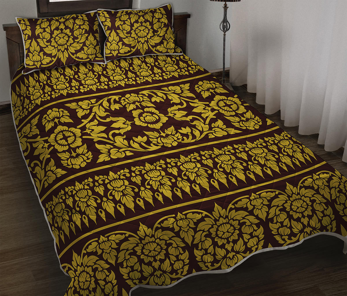 Traditional Thai Flower Pattern Print Quilt Bed Set