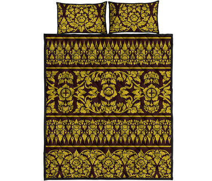 Traditional Thai Flower Pattern Print Quilt Bed Set