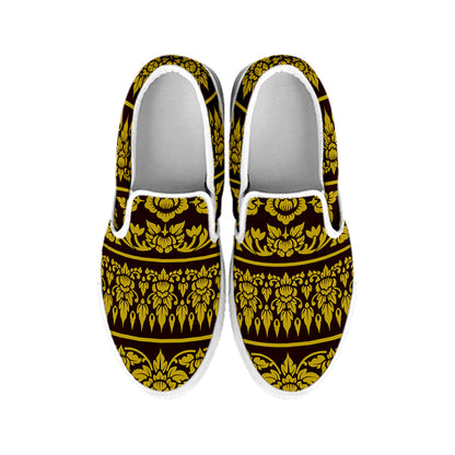 Traditional Thai Flower Pattern Print White Slip On Shoes