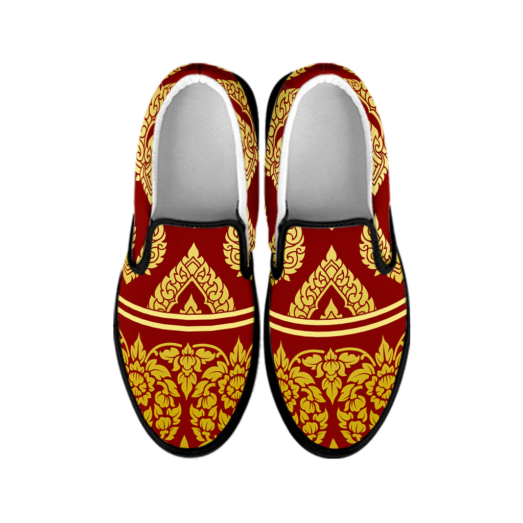 Traditional Thai Pattern Print Black Slip On Shoes