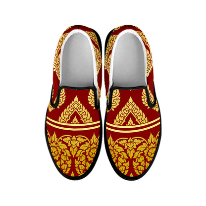 Traditional Thai Pattern Print Black Slip On Shoes