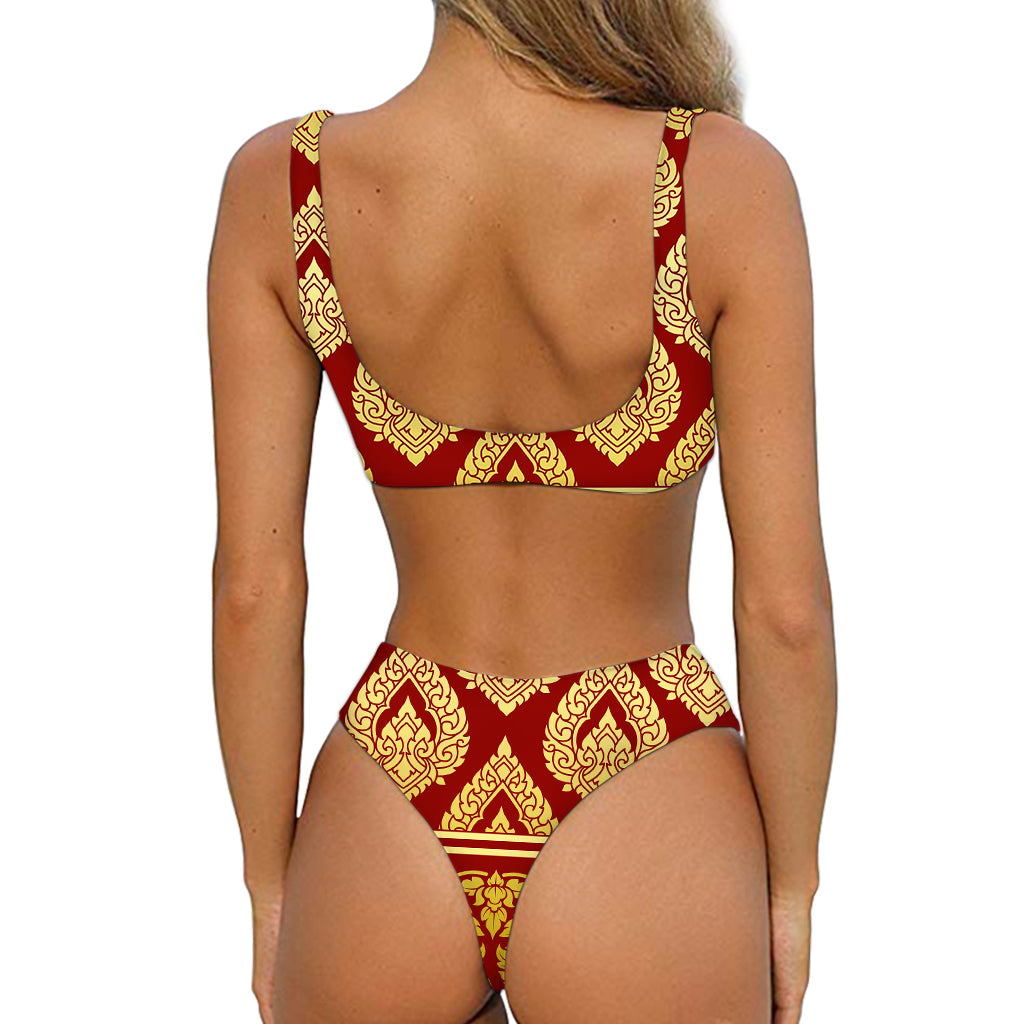 Traditional Thai Pattern Print Front Bow Tie Bikini