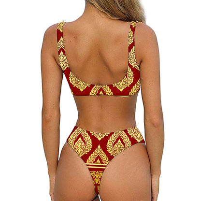 Traditional Thai Pattern Print Front Bow Tie Bikini