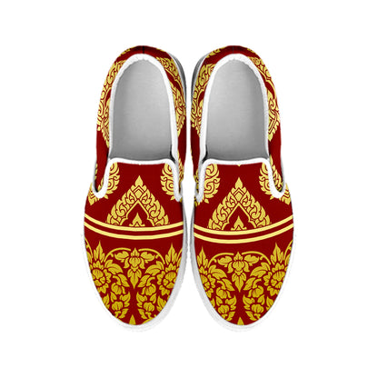 Traditional Thai Pattern Print White Slip On Shoes