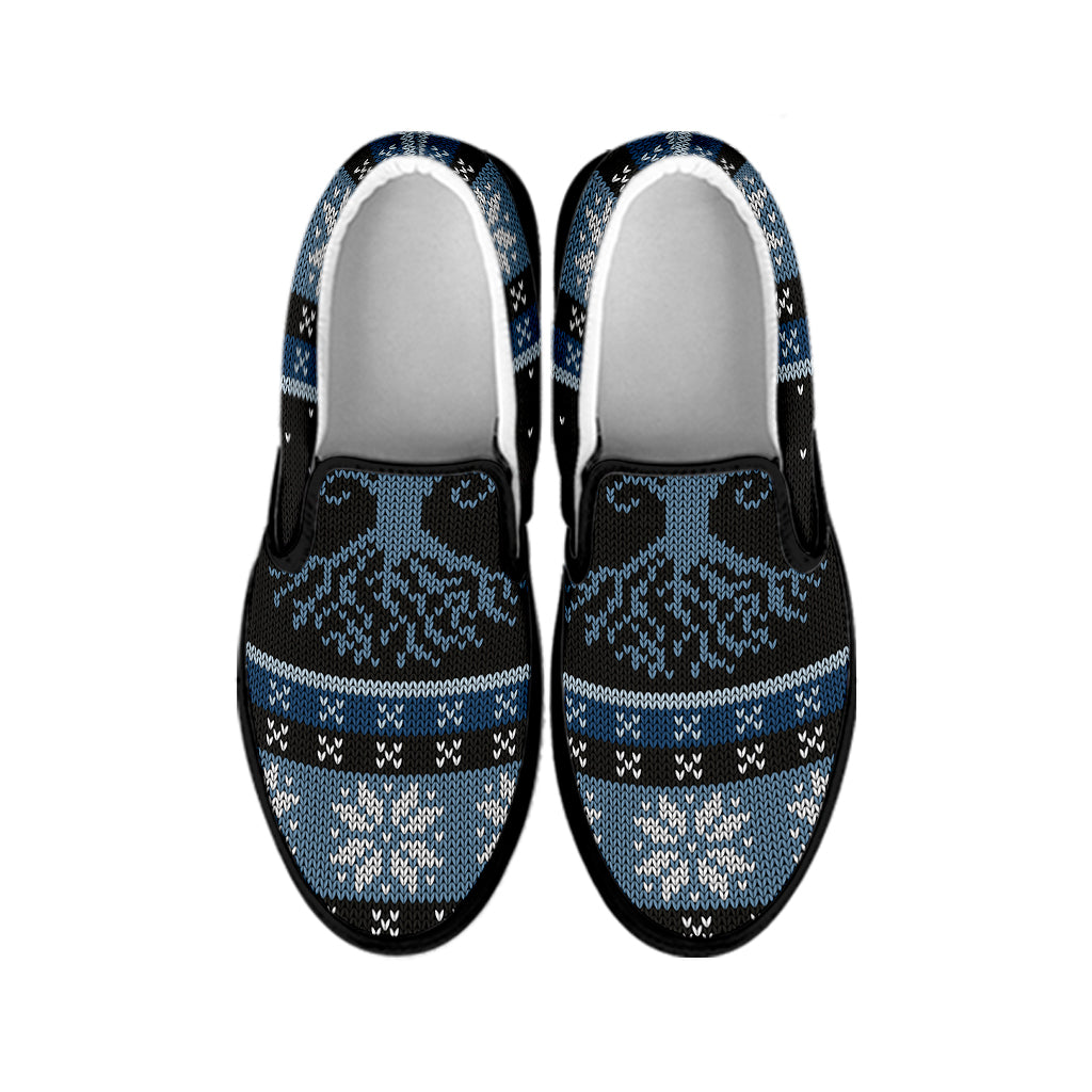 Tree Of Life And Howling Wolves Print Black Slip On Shoes
