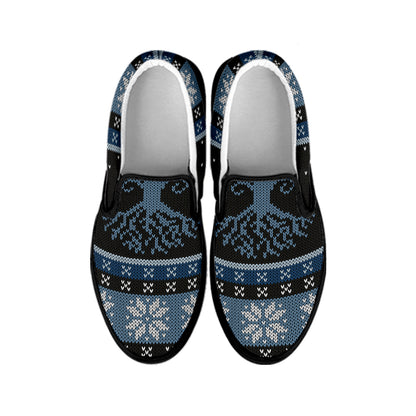 Tree Of Life And Howling Wolves Print Black Slip On Shoes