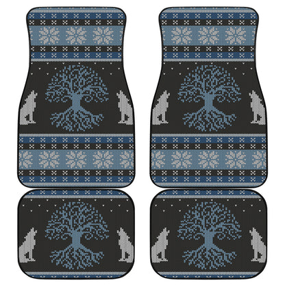 Tree Of Life And Howling Wolves Print Front and Back Car Floor Mats
