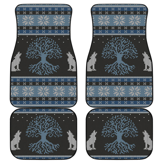 Tree Of Life And Howling Wolves Print Front and Back Car Floor Mats