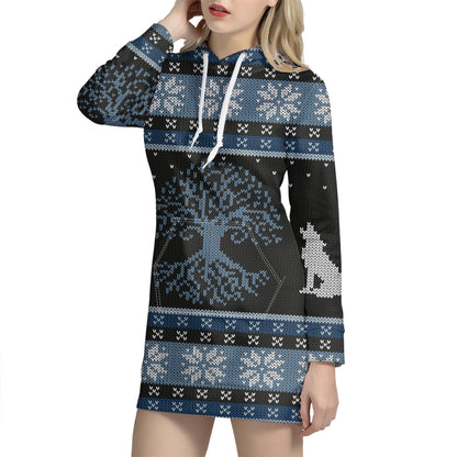Tree Of Life And Howling Wolves Print Pullover Hoodie Dress