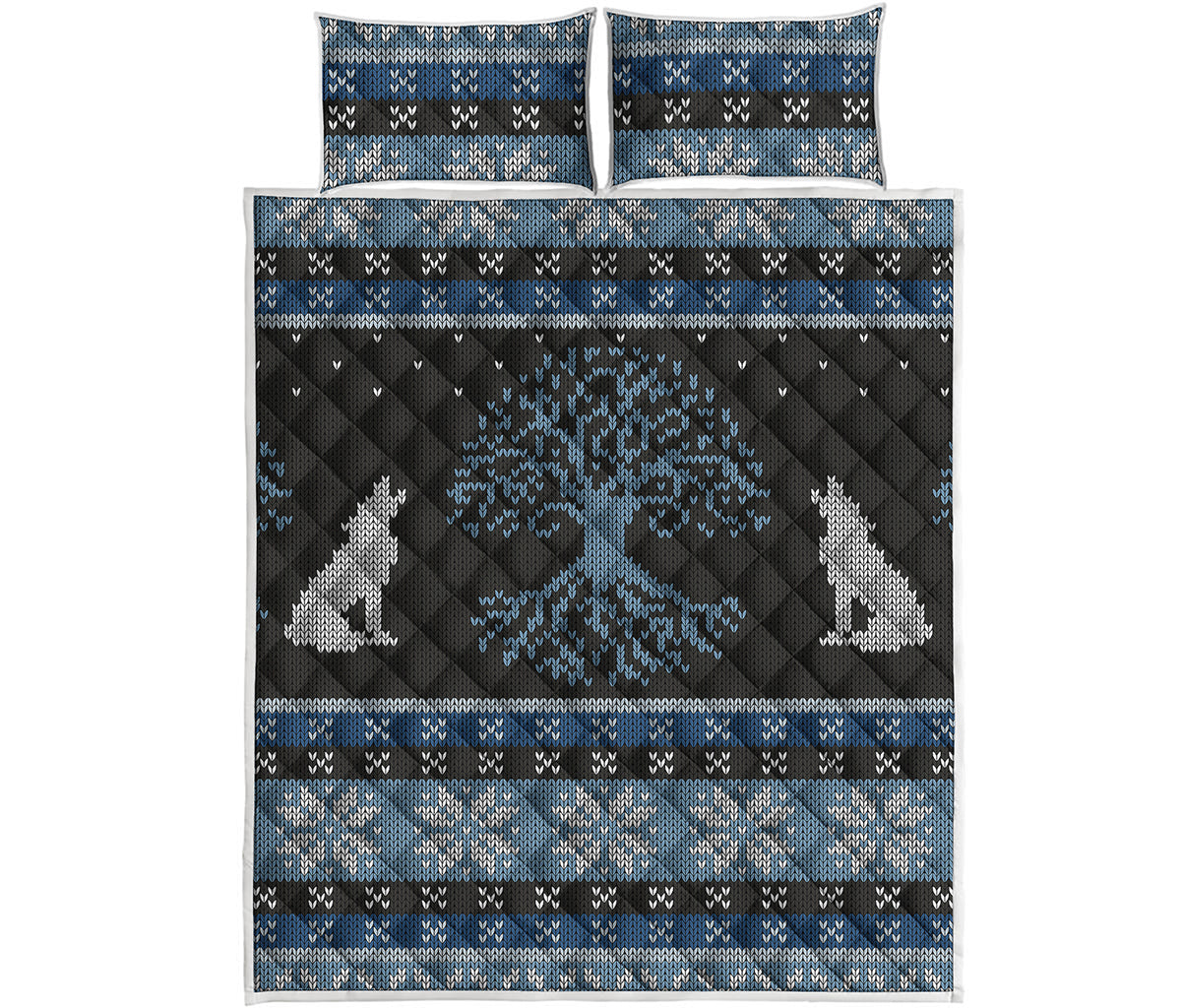 Tree Of Life And Howling Wolves Print Quilt Bed Set