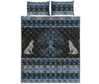Tree Of Life And Howling Wolves Print Quilt Bed Set