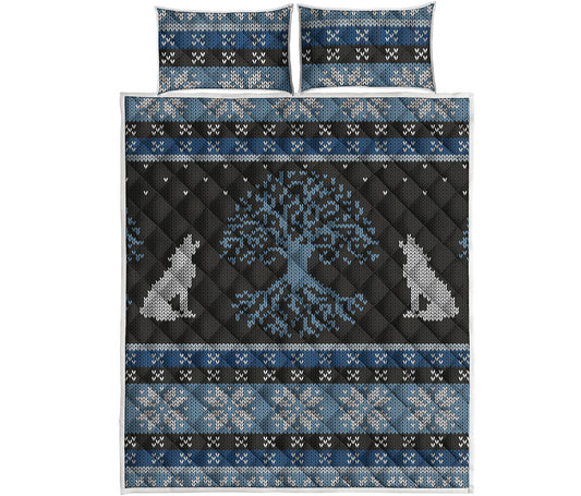 Tree Of Life And Howling Wolves Print Quilt Bed Set