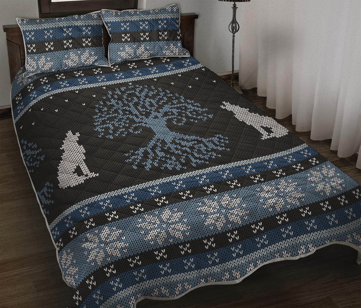 Tree Of Life And Howling Wolves Print Quilt Bed Set