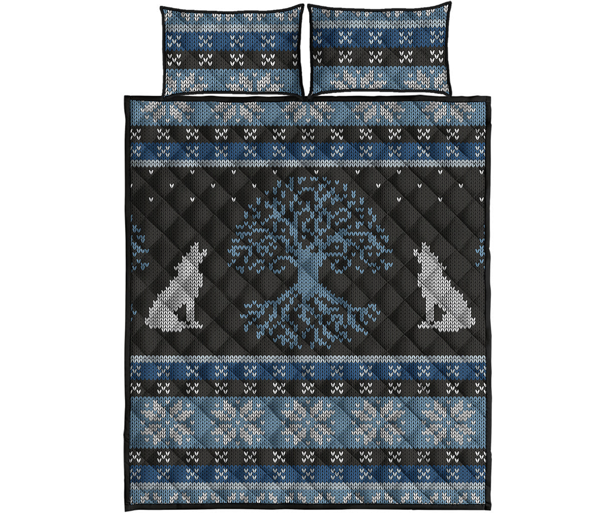 Tree Of Life And Howling Wolves Print Quilt Bed Set
