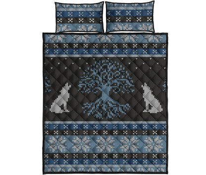 Tree Of Life And Howling Wolves Print Quilt Bed Set