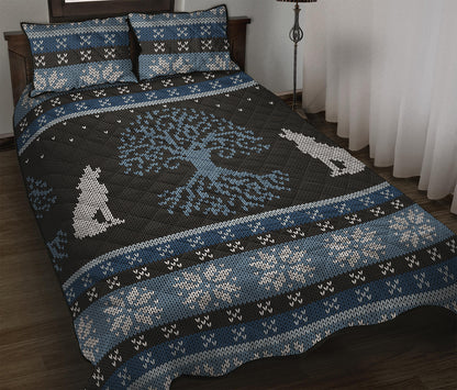 Tree Of Life And Howling Wolves Print Quilt Bed Set