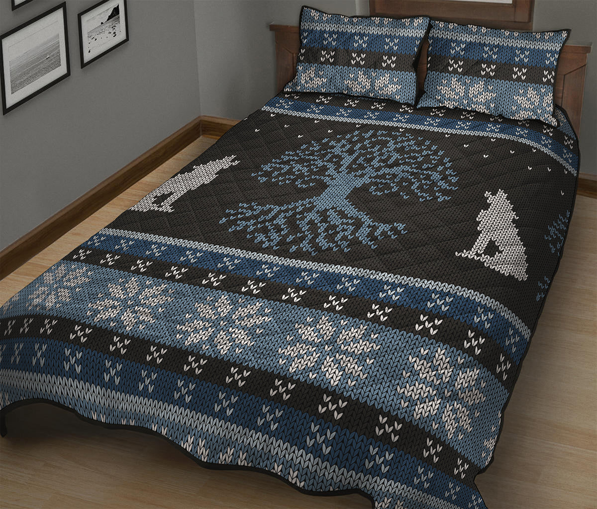 Tree Of Life And Howling Wolves Print Quilt Bed Set