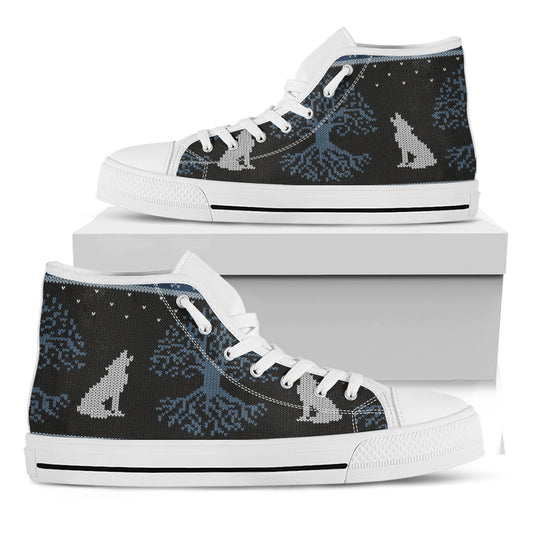 Tree Of Life And Howling Wolves Print White High Top Shoes