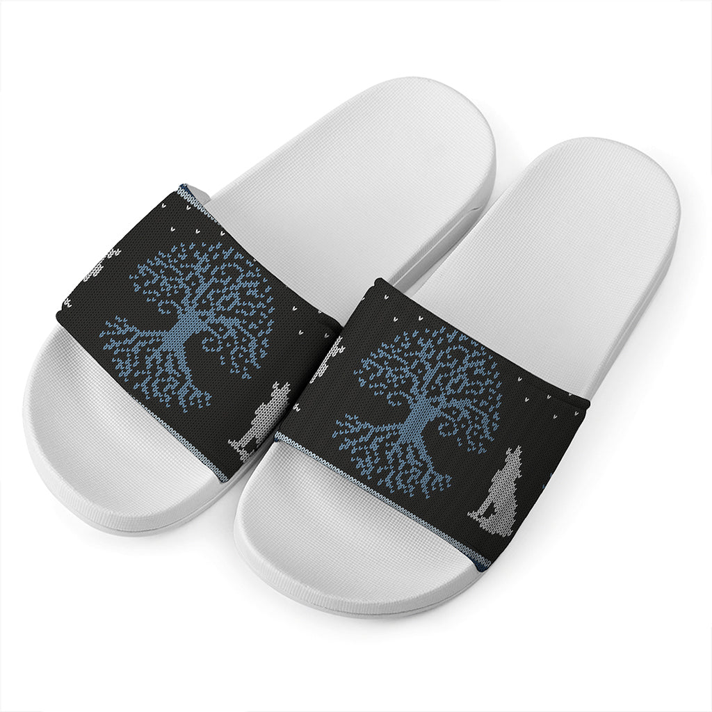 Tree Of Life And Howling Wolves Print White Slide Sandals