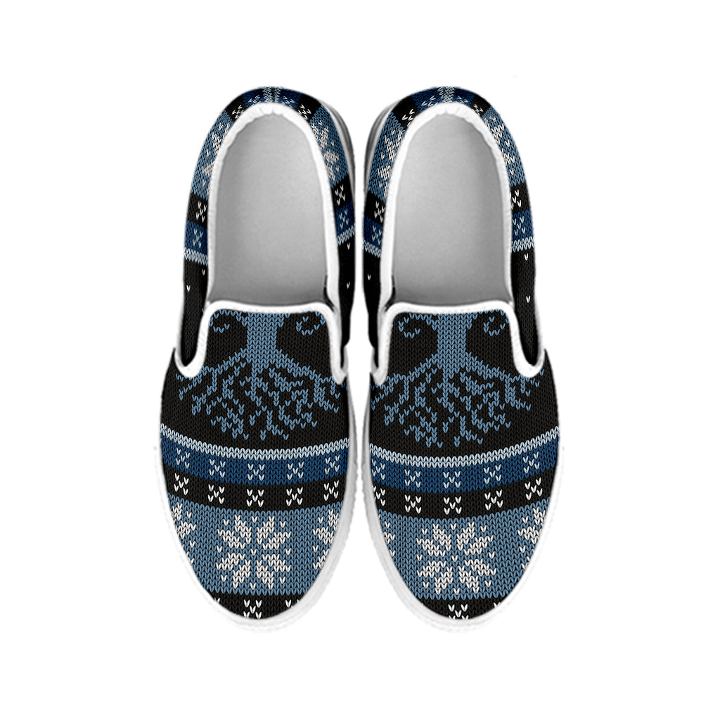 Tree Of Life And Howling Wolves Print White Slip On Shoes