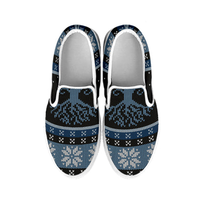 Tree Of Life And Howling Wolves Print White Slip On Shoes
