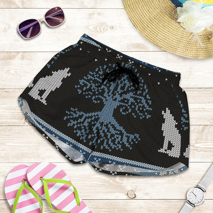 Tree Of Life And Howling Wolves Print Women's Shorts