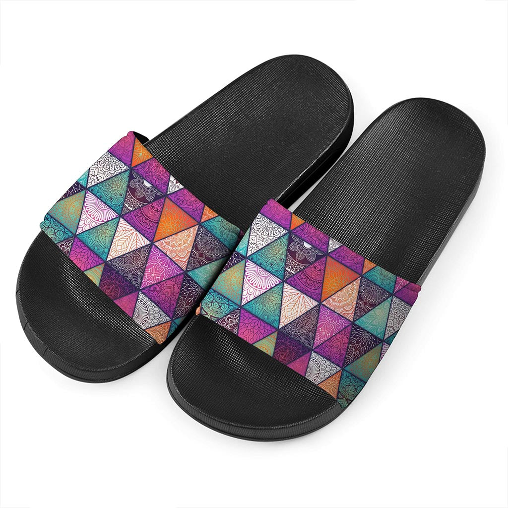 Triangle Bohemian Mandala Pattern Print Black Slide Sandals