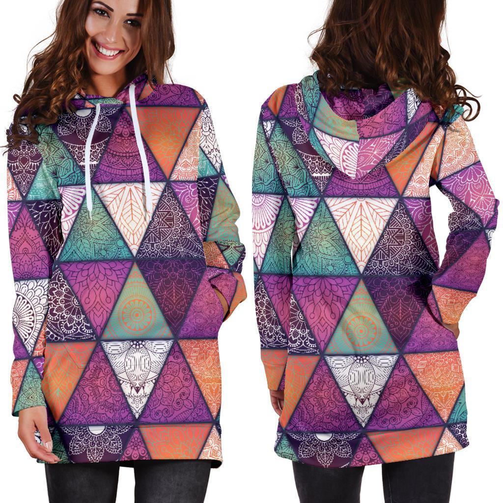Triangle Bohemian Mandala Pattern Print Hoodie Dress GearFrost