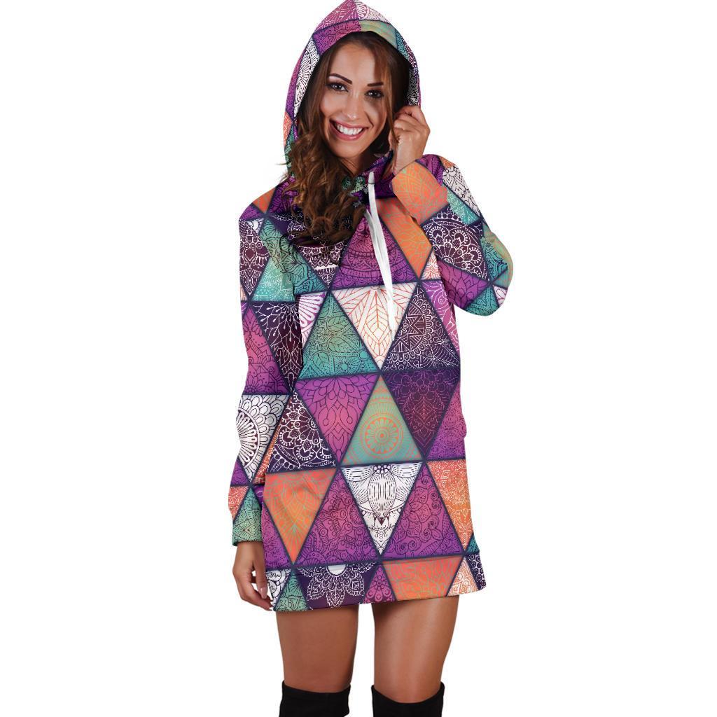 Triangle Bohemian Mandala Pattern Print Hoodie Dress GearFrost