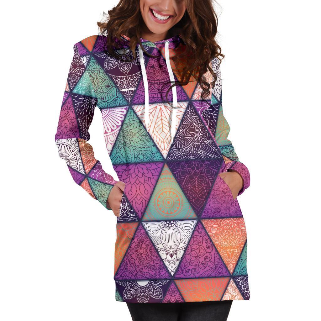 Triangle Bohemian Mandala Pattern Print Hoodie Dress GearFrost