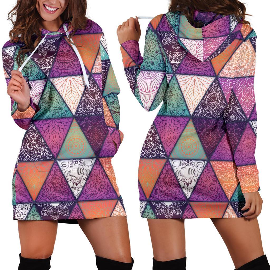 Triangle Bohemian Mandala Pattern Print Hoodie Dress GearFrost