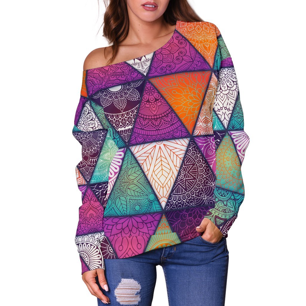 Triangle Bohemian Mandala Pattern Print Off Shoulder Sweatshirt GearFrost