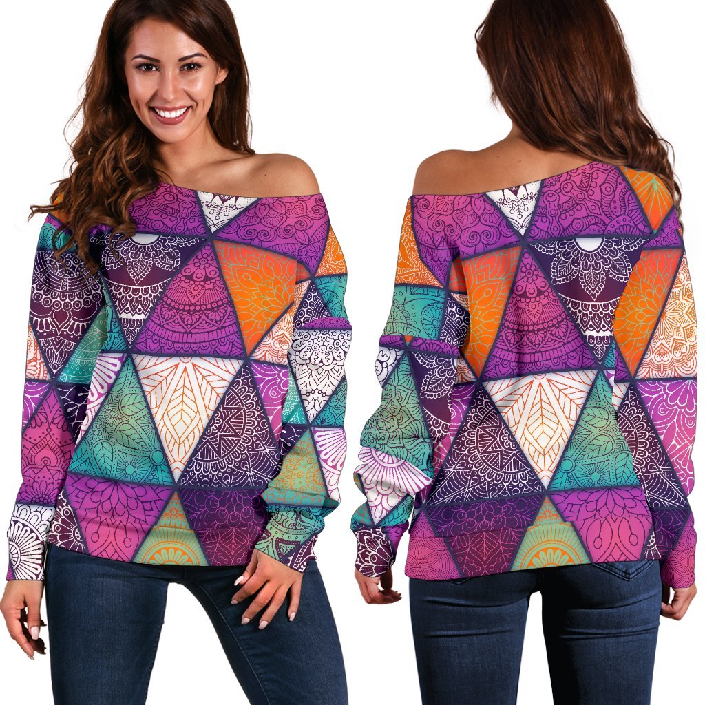 Triangle Bohemian Mandala Pattern Print Off Shoulder Sweatshirt GearFrost